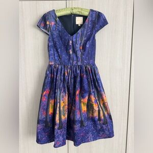 Modcloth Purple Forest-Print Fit & Flare Dress with Multicolor Accents Sz S